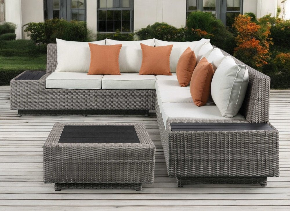 Beige Polyester Modular L Shaped Four Piece Standard With Console And Toss Pillows
