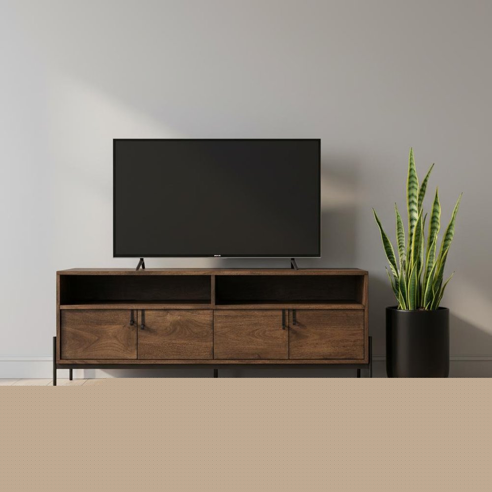 62" Brown and Black Solid Wood Cabinet Enclosed Storage TV Stand