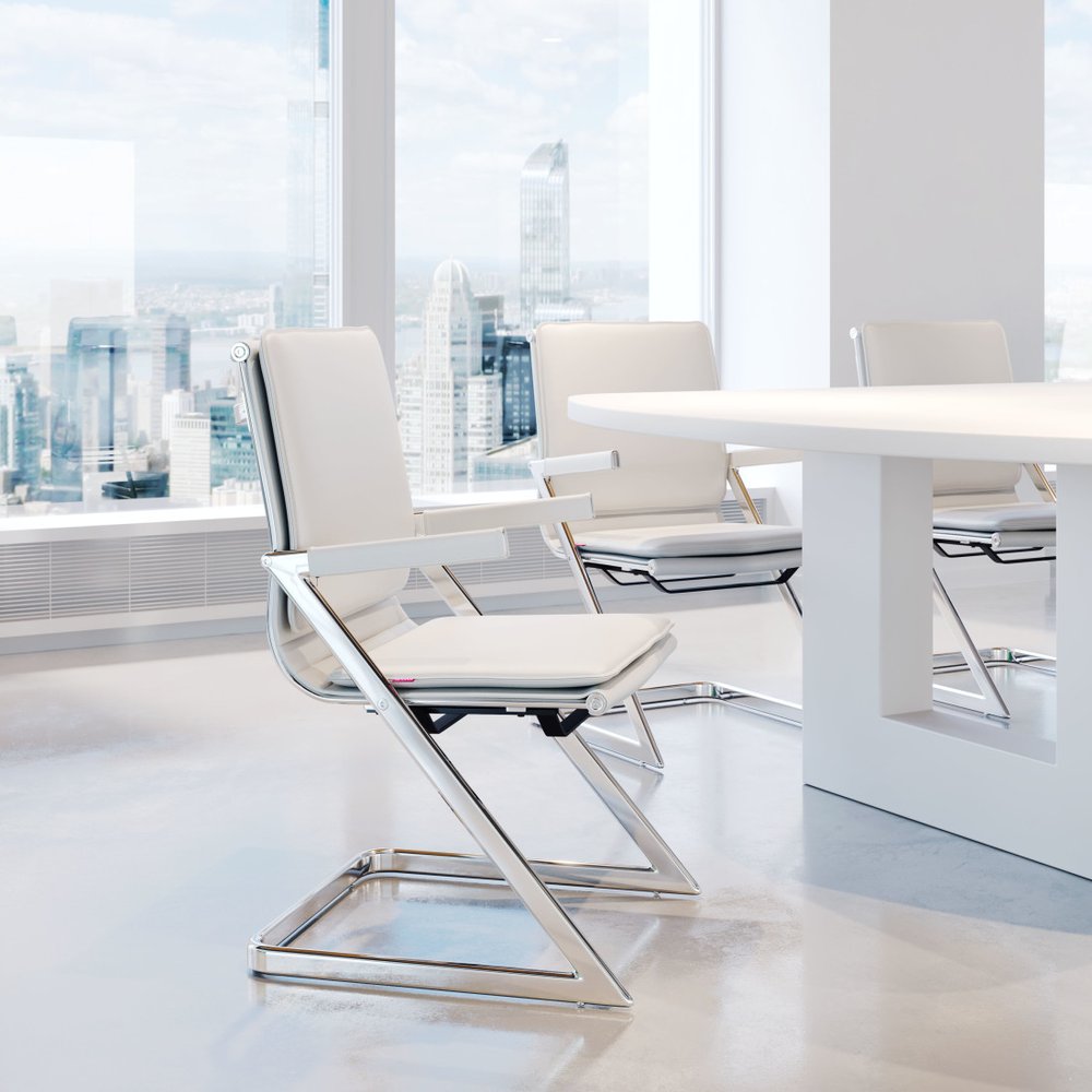 Set of Two White and Silver Faux Leather Conference Office Chair