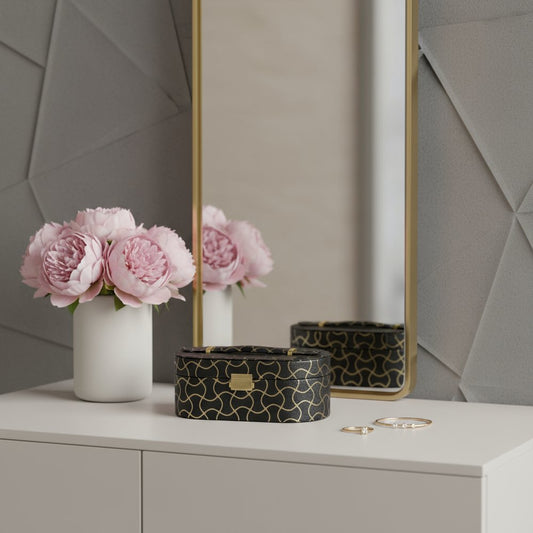 10" Black And Gold Faux Leather Abstract Scroll Jewelry Box Travel Case With Mirror