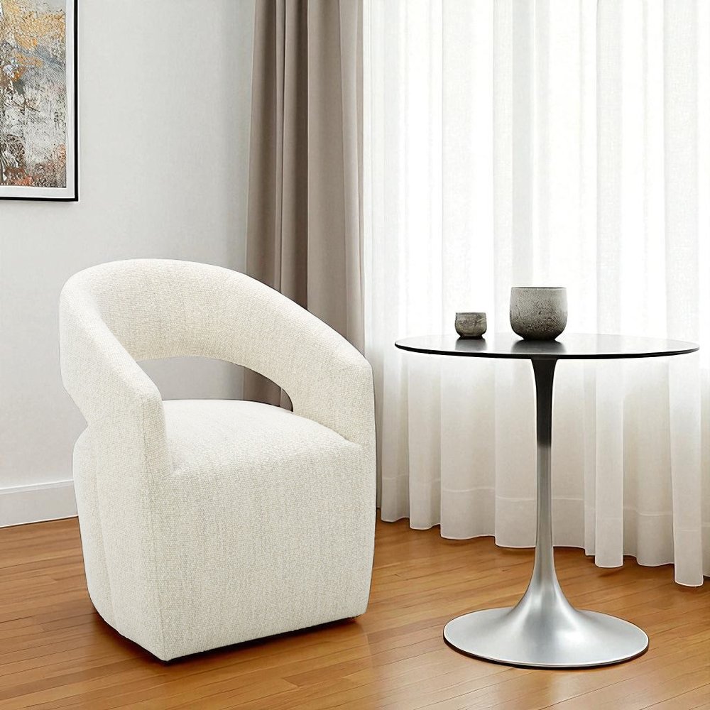White Fabric Open Back Swivel Dining Arm Chair