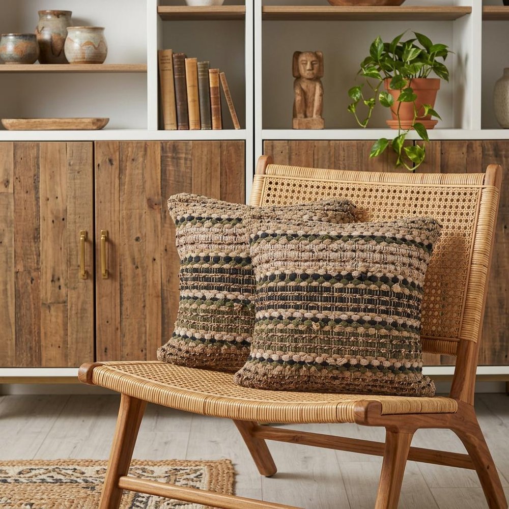 Set of Two 18" Brown and Dark Green Striped Cotton Blend Throw Pillows with Texture