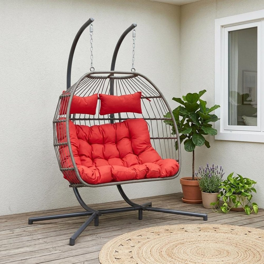 38" Red Gray And Black Faux Rattan Steel Outdoor Folding Egg Chair