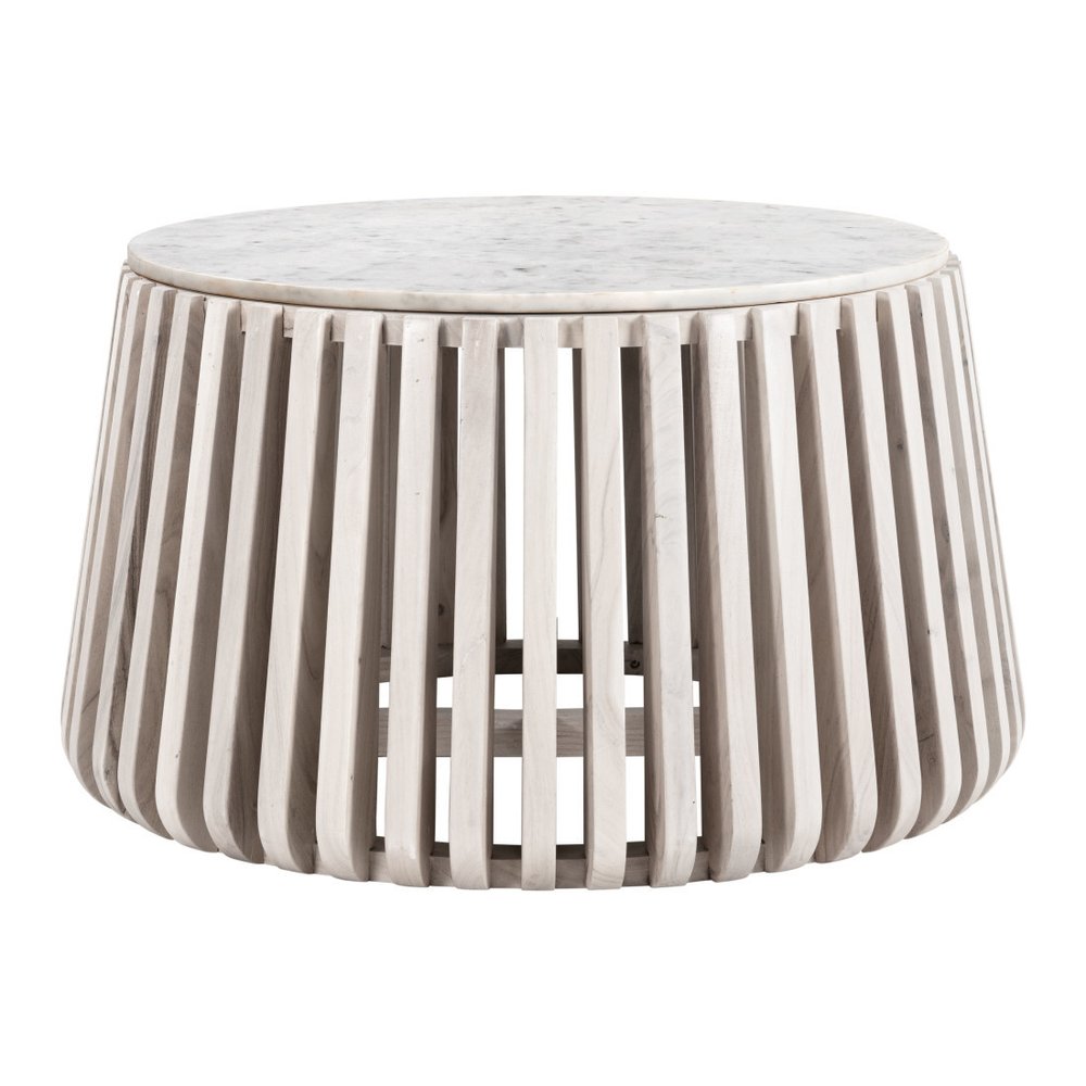34" White and Natural Genuine Marble and Wood Round Drum Coffee Table