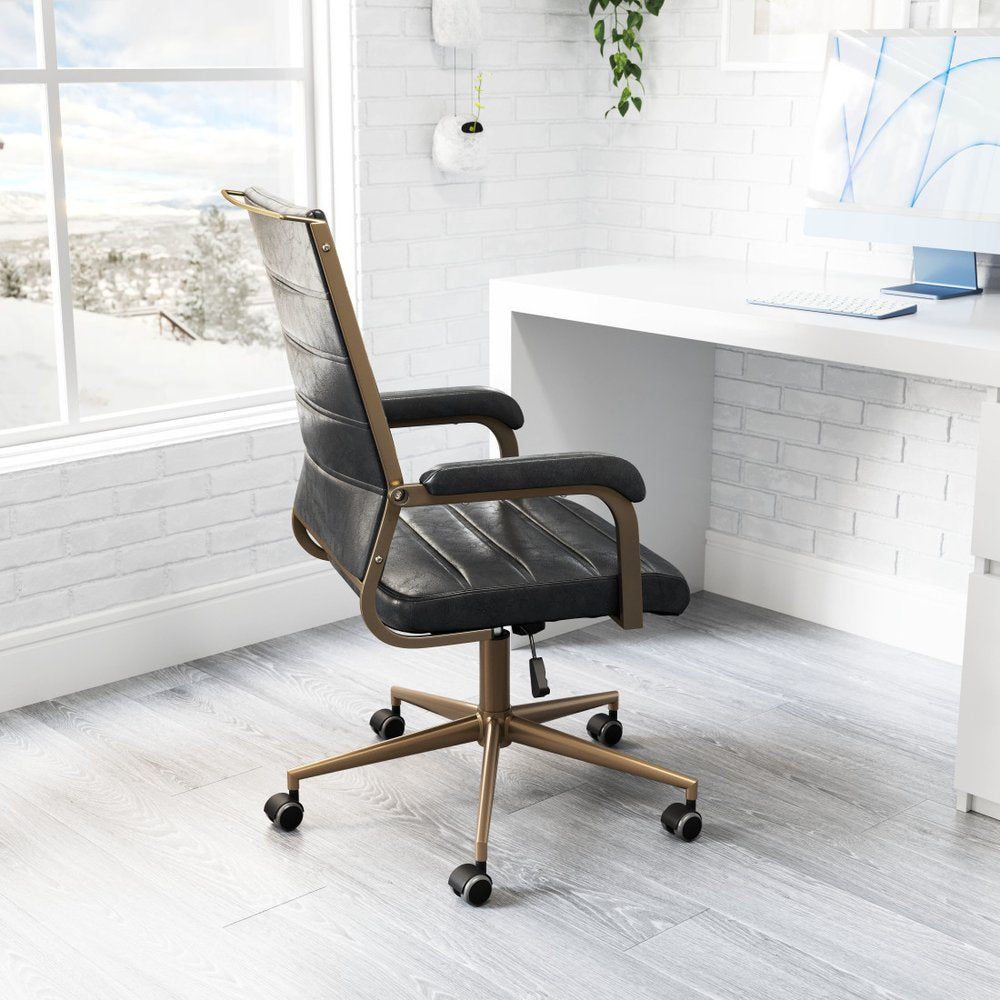 Black and Bronze Adjustable Height Faux Leather Swivel Rolling Office Chair