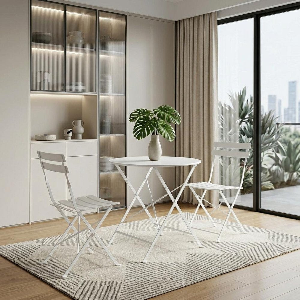 30" White Rounded Aluminum Folding Outdoor Bistro Table with Umbrella Hole