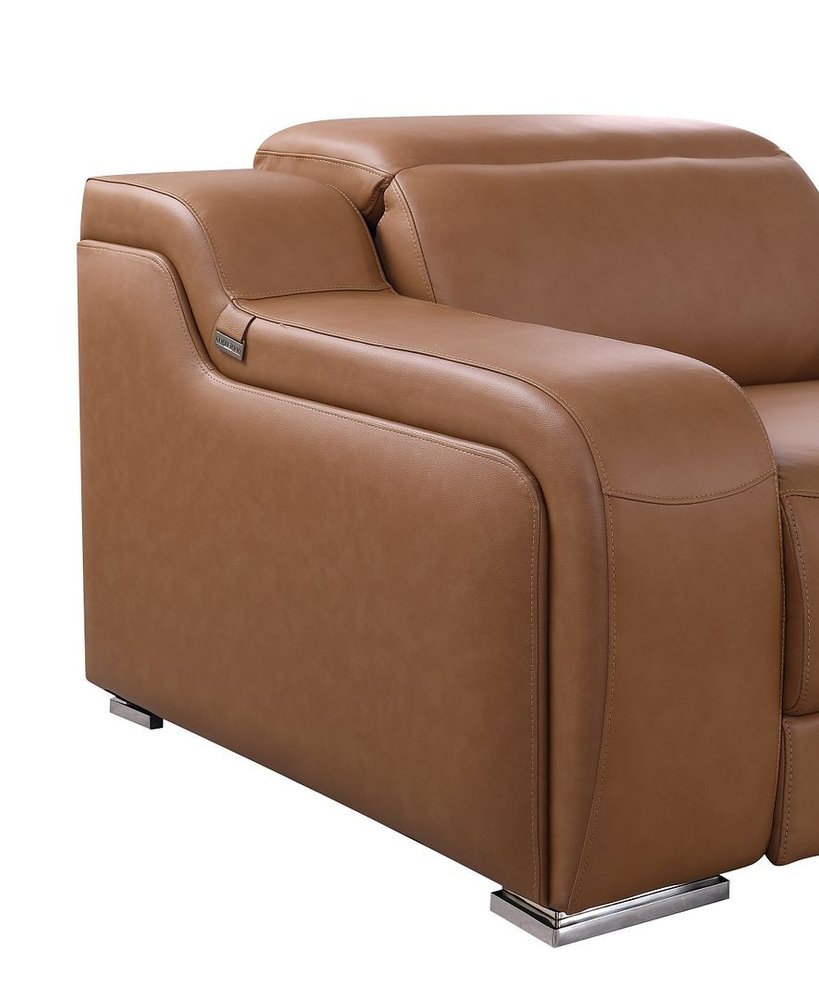 76" Cognac and Silver Italian Leather Power Reclining Loveseat With Storage
