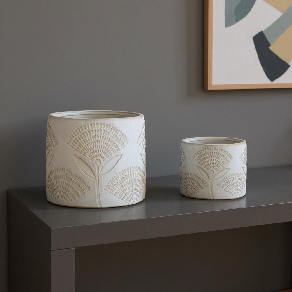 Set of Two White And Beige Porcelain 1 Ounce Leaf Round Pot Planters