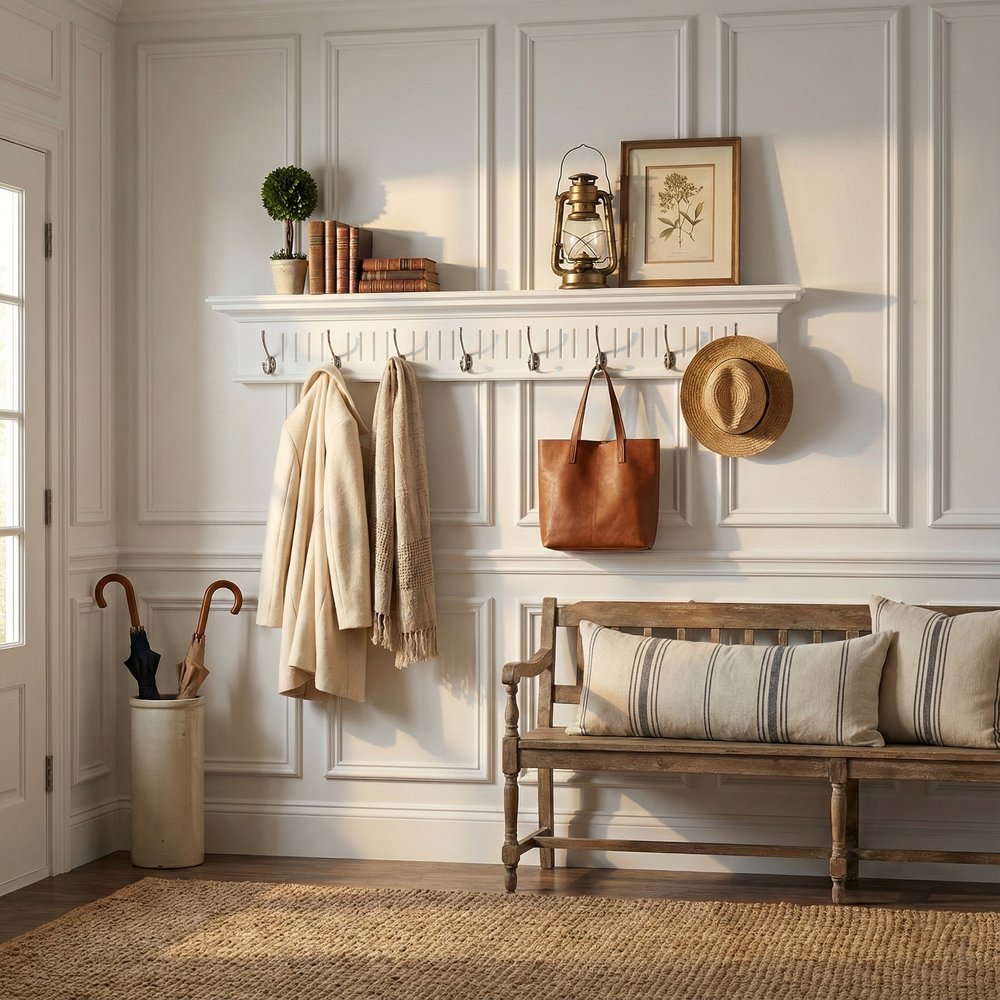 51" White Solid Wood Eight Hook Wall Mount Coat Rack