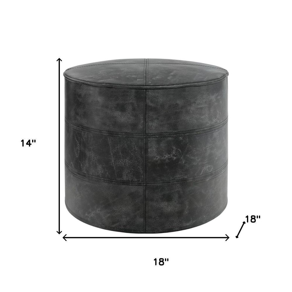 18" Black Leather Round Pouf Ottoman