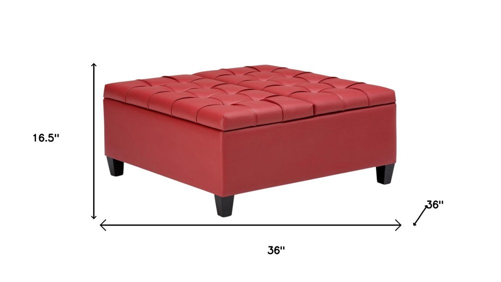 36" Red and Espresso Leather Cocktail Ottoman With Storage