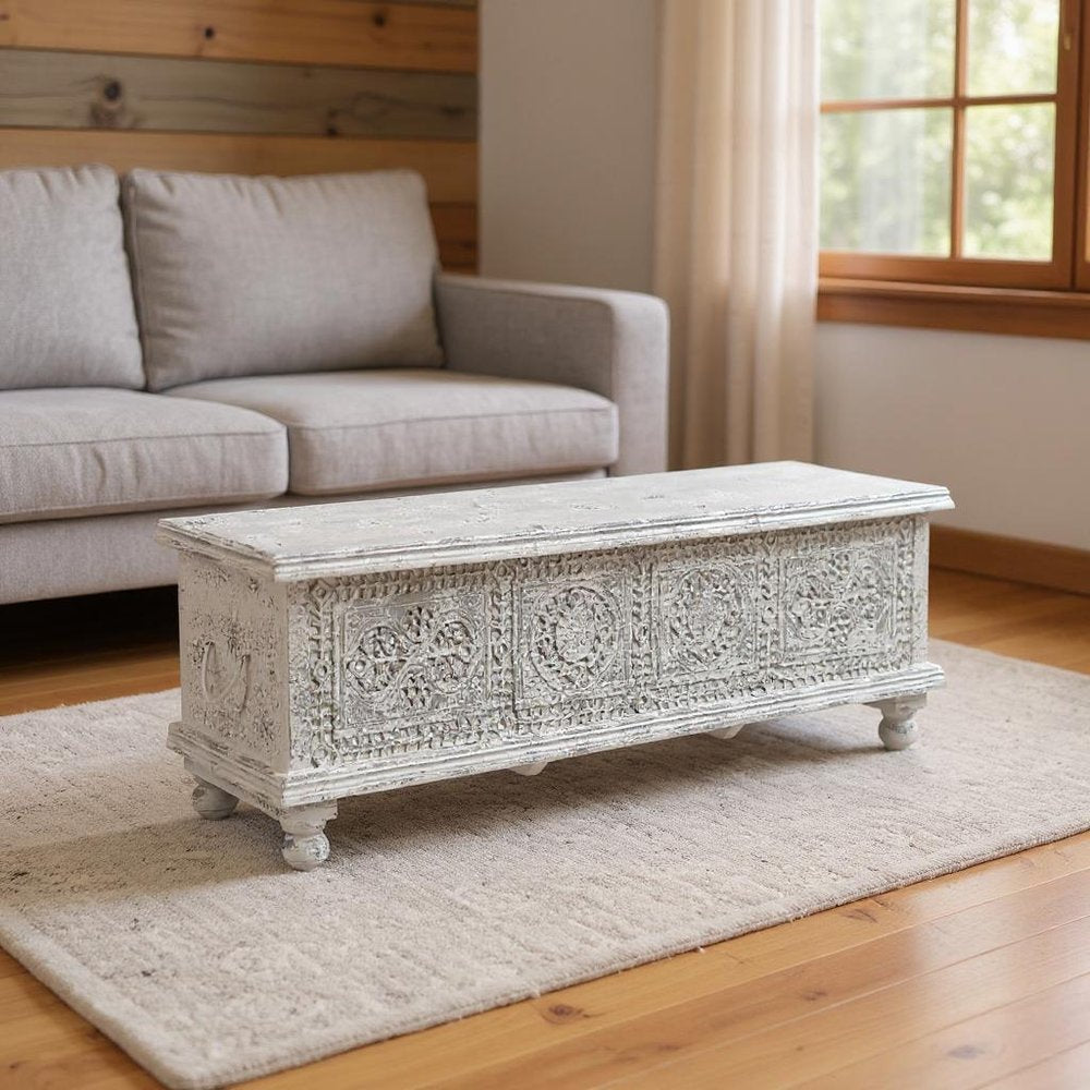 54" White Solid Wood Medallion Storage Ottoman