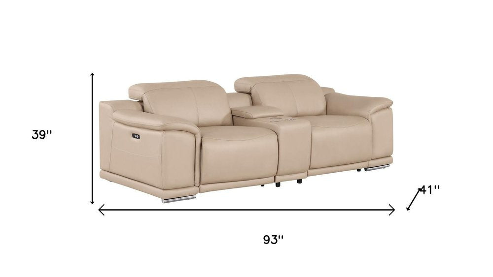 93" Beige and Silver Leather Power Reclining Loveseat