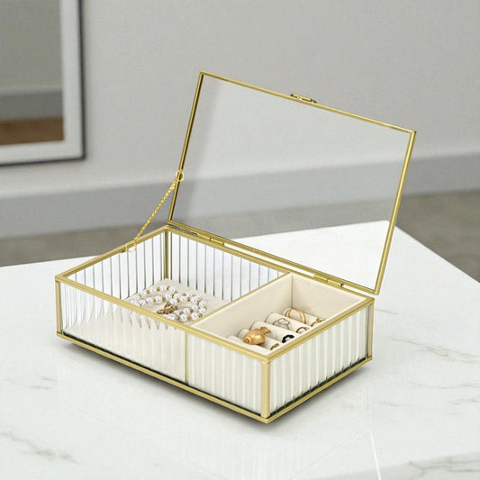 10" Gold Glass Two Section Jewelry Box With Metal Accents
