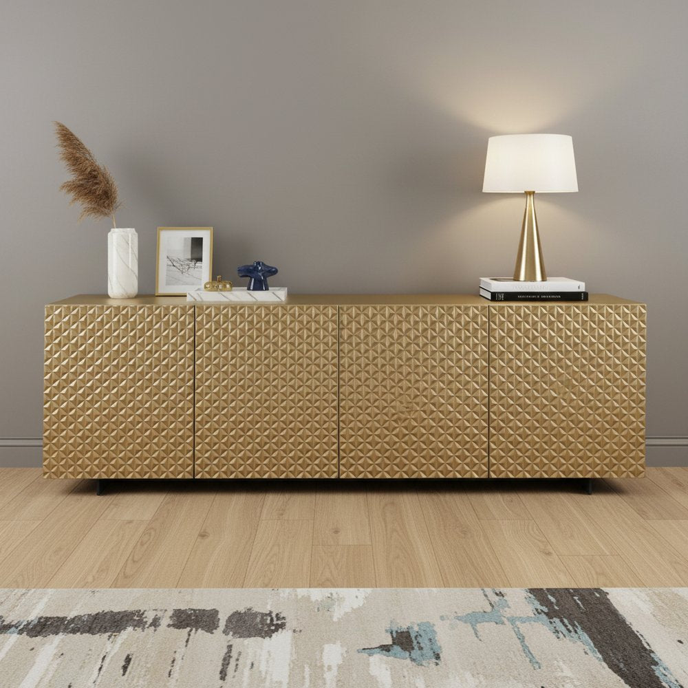 94" Gold Wood Carved Geometric Sideboard With Four Doors