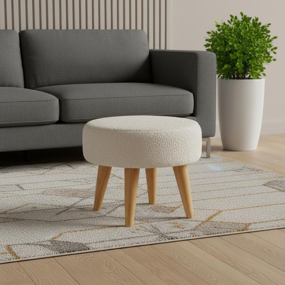 15" Cream and Brown Boucle Round Footstool