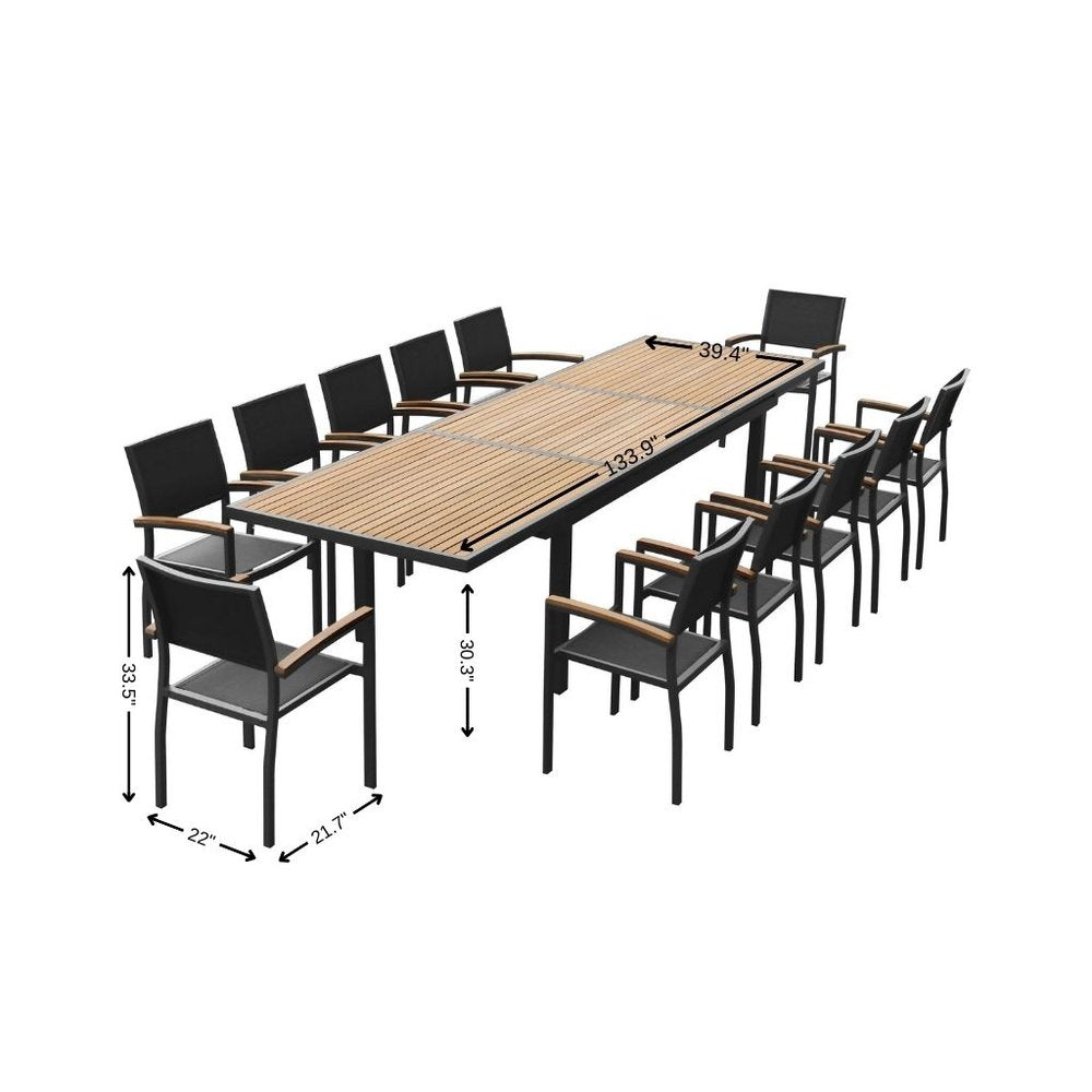 13 Piece Brown Solid Wood Dining Set with Twelve Chairs