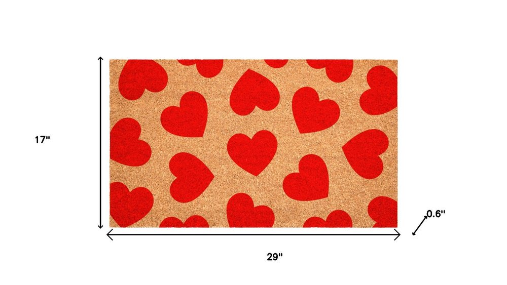 17" X 29" Brown And Red Hearts Outdoor Coir Door Mat