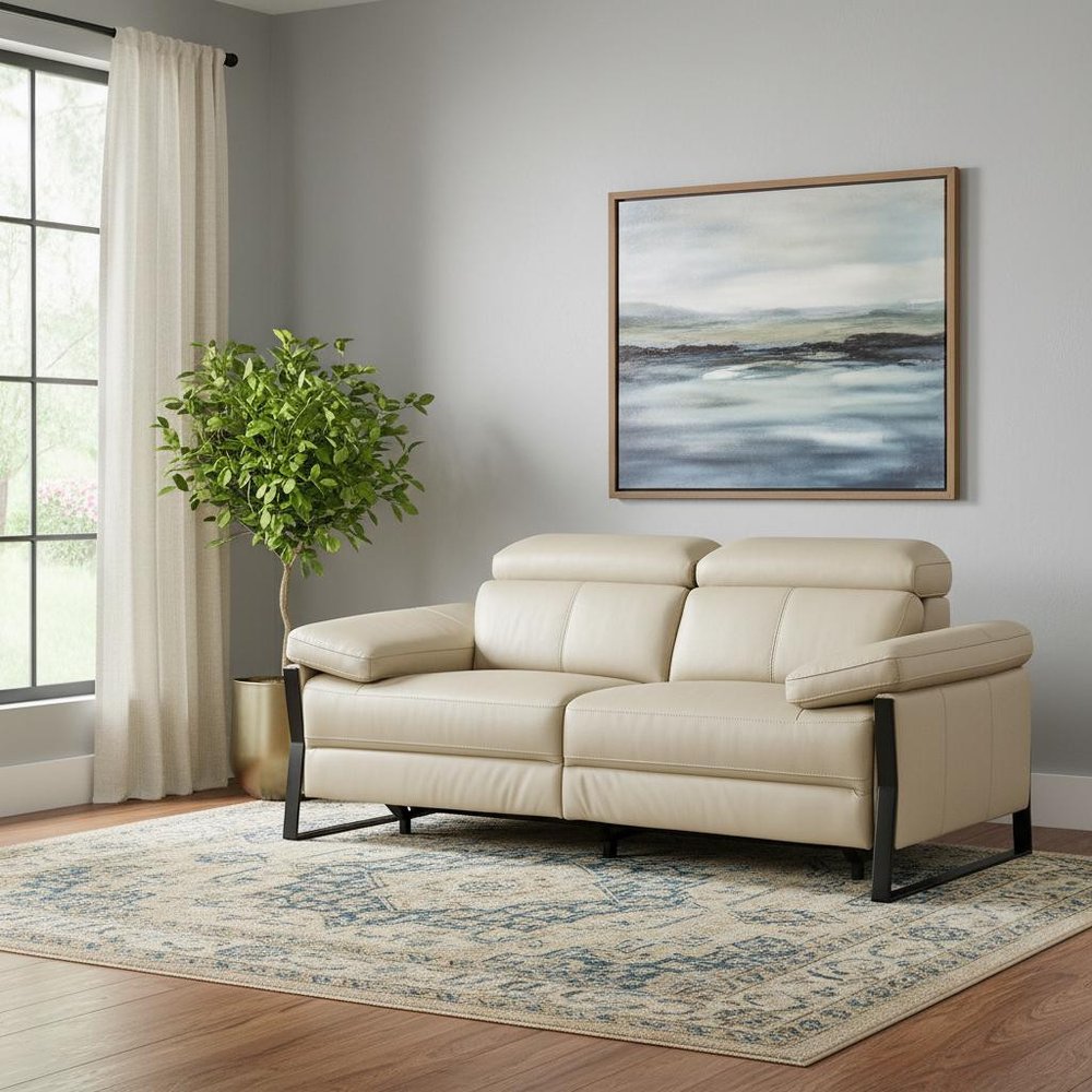 77" Cream and Black Italian Leather Power Reclining Loveseat