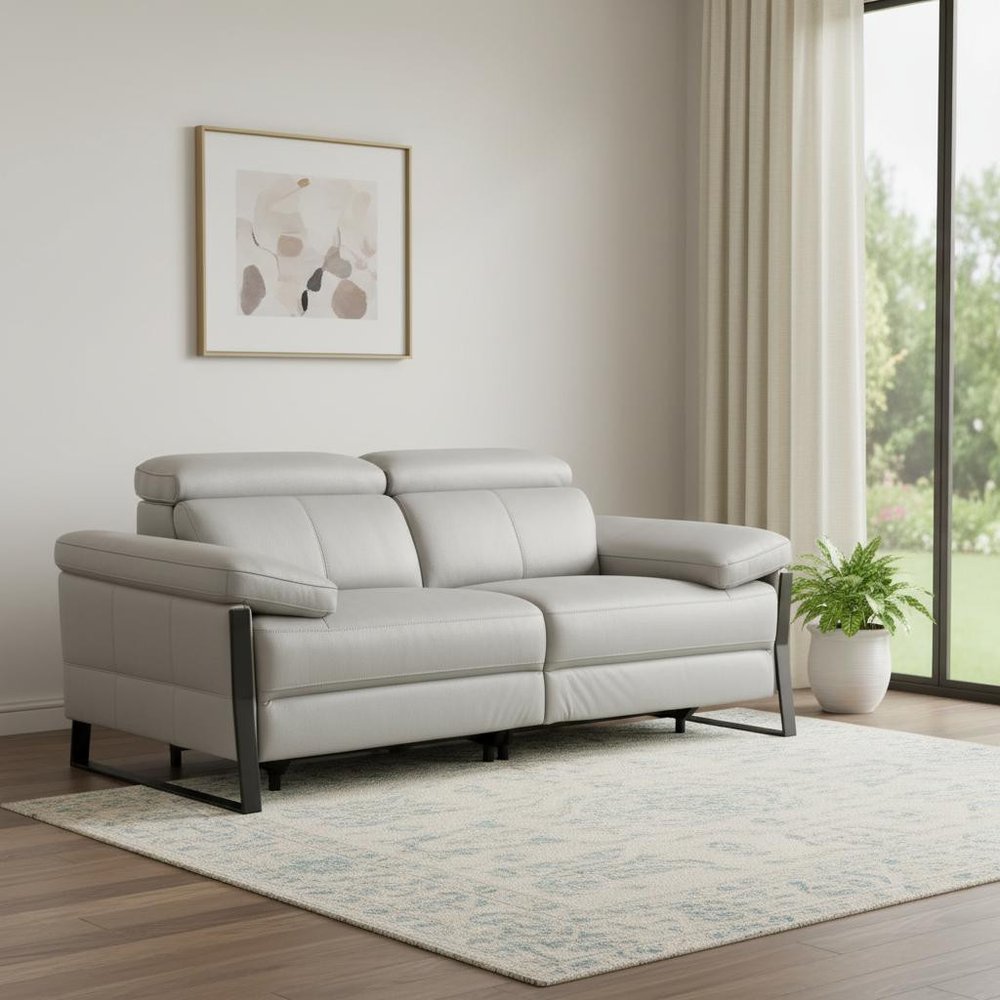 77" Light Gray and Black Italian Leather Power Reclining Loveseat