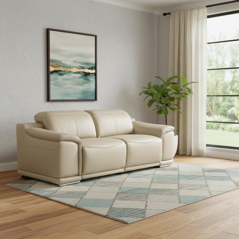76" Cream and Silver Italian Leather Power Reclining Loveseat