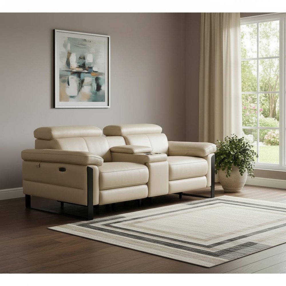 90" Cream and Black Italian Leather Power Reclining Loveseat With Storage