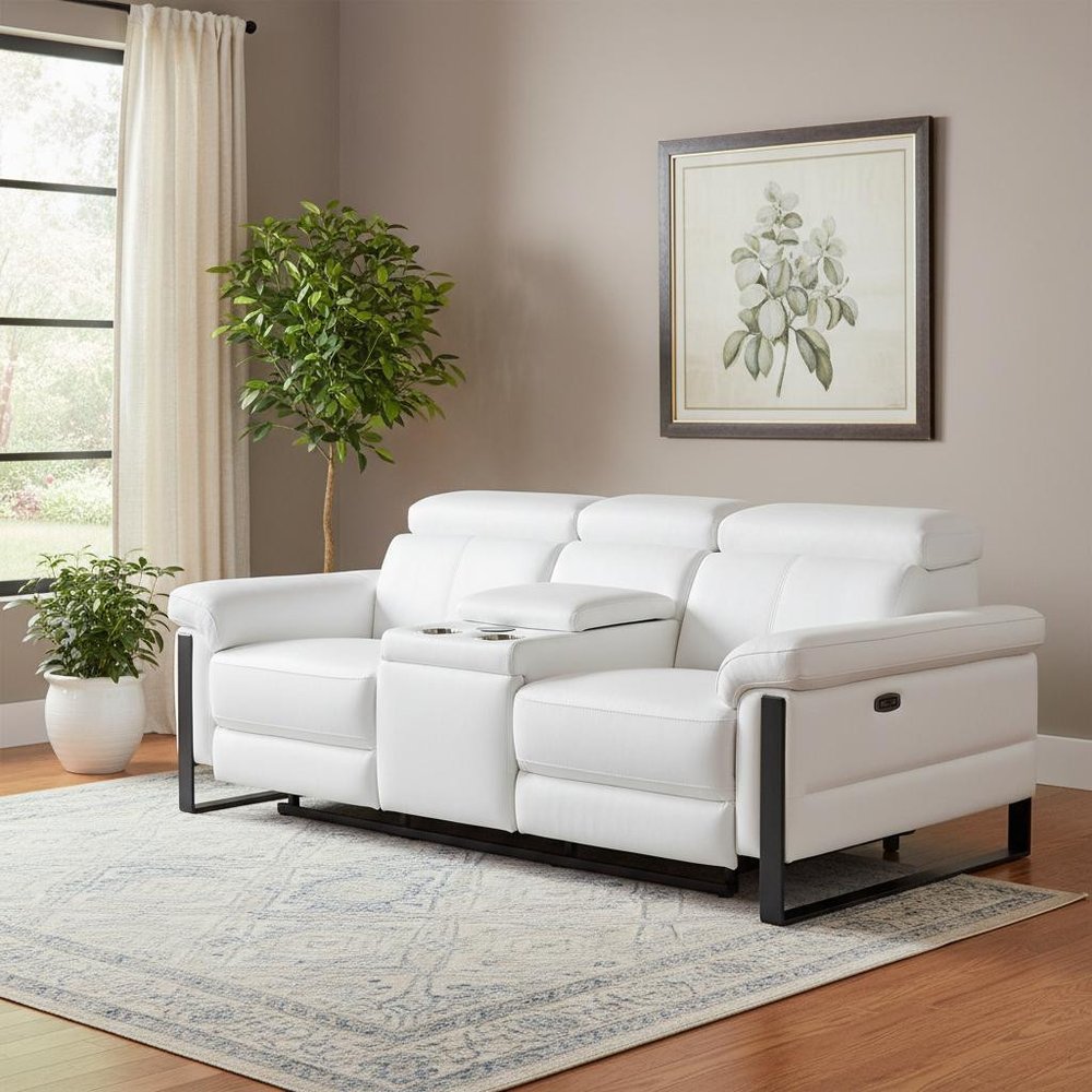 90" White and Black Italian Leather Power Reclining Loveseat With Storage