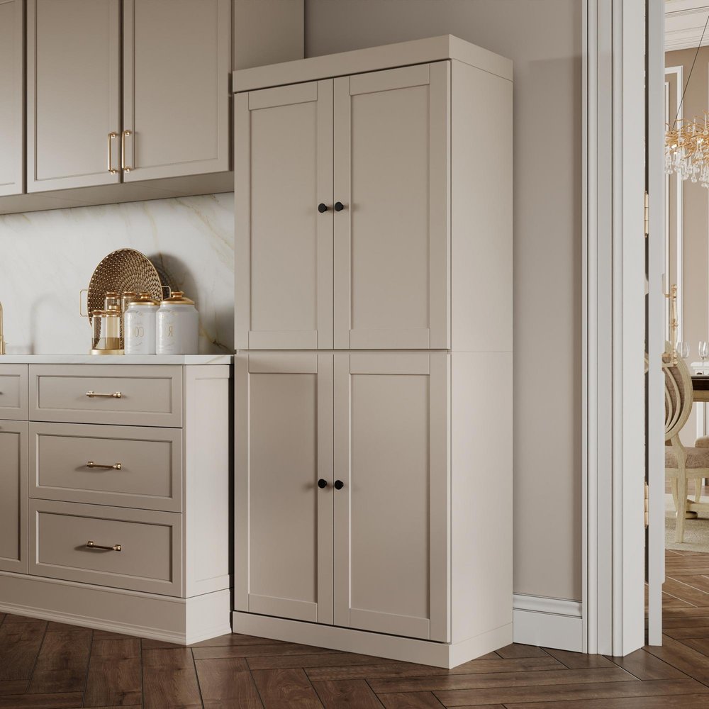 72" Beige Solid Wood Four Door Two Drawer Pantry Or Storage Closet