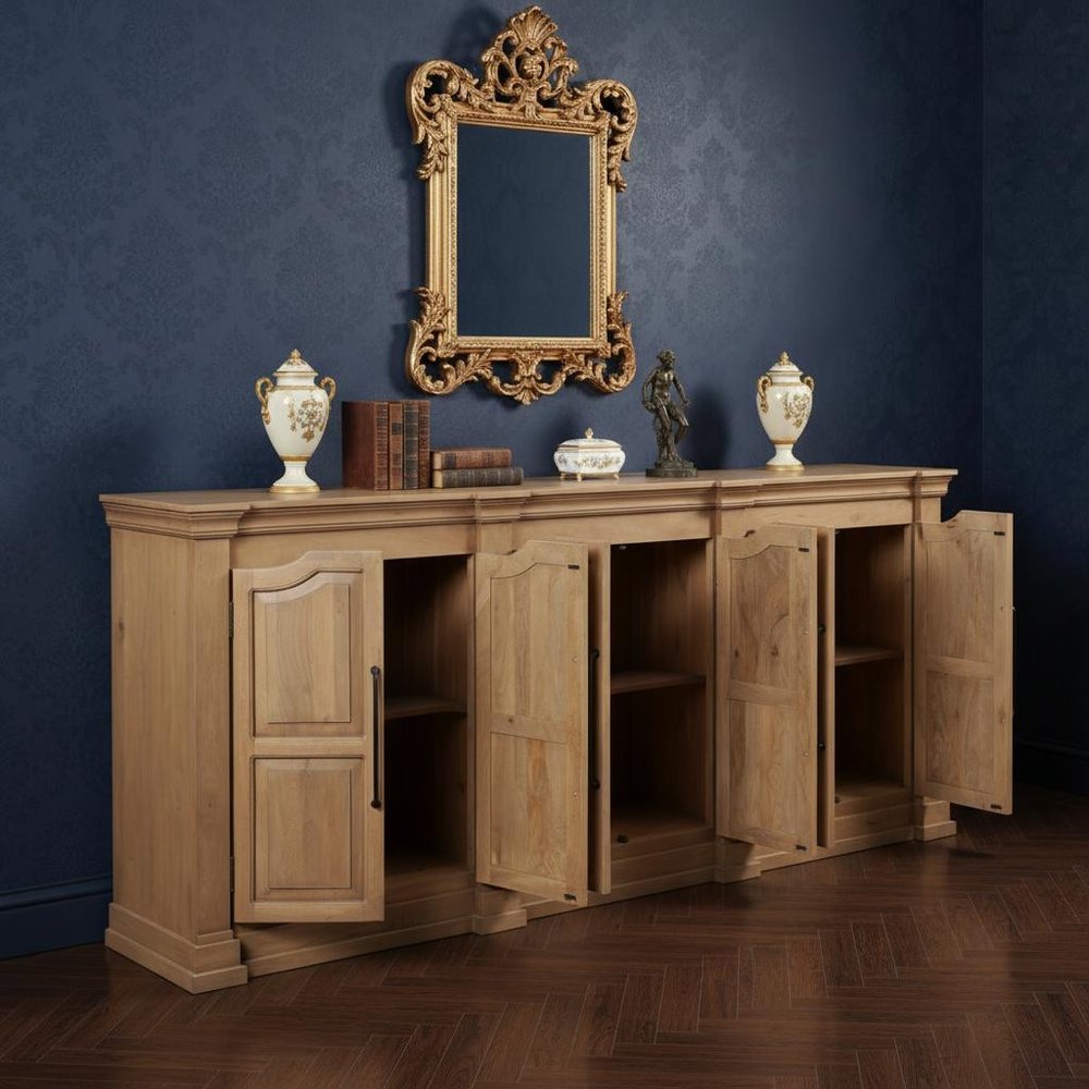 100" Brown Solid Wood Paneled Sideboard With Six Doors