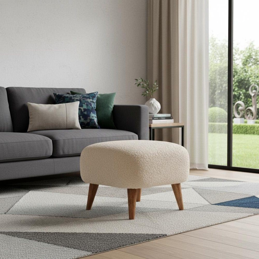 16" Beige and Brown Boucle Round Footstool