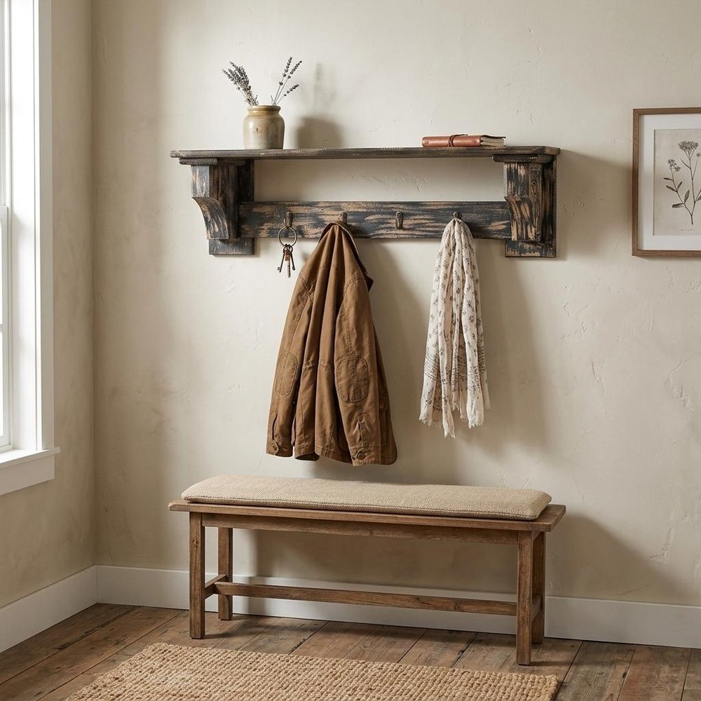30" Black Distressed Wood Four Hook Wall Mounted Hanging Coat Rack