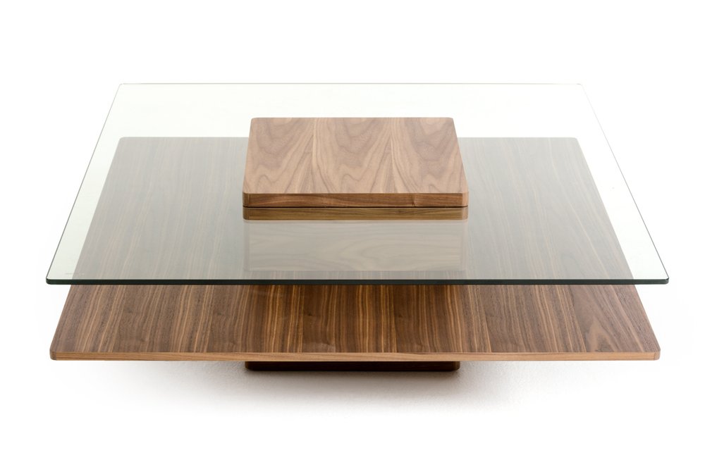 39" Clear and Brown Glass and Wood Pedestal Coffee Table With Shelf