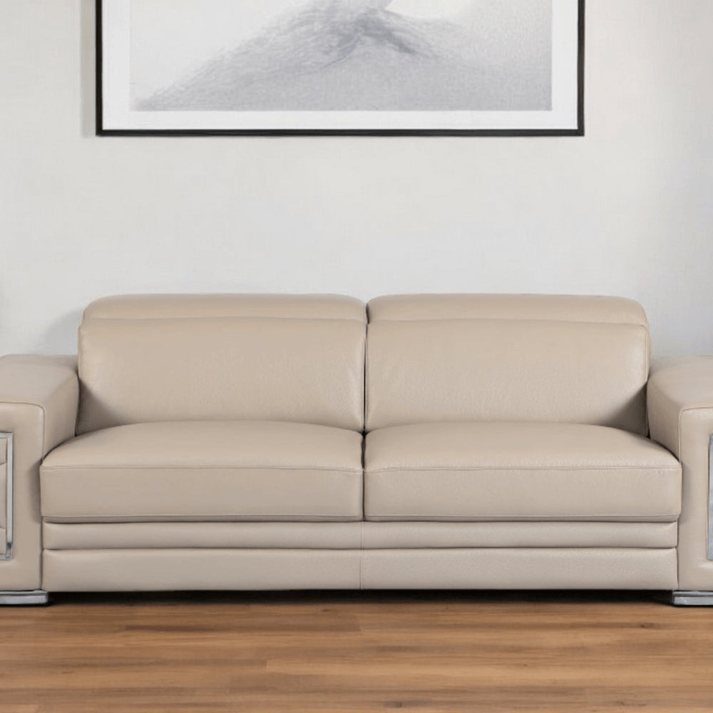 89" Camel Italian Leather Sofa With Silver Legs