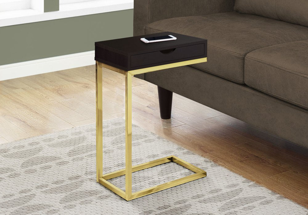 10.25" X 15.75" X 24.5" Brown Finish Drawer And Black Metal Accent Table