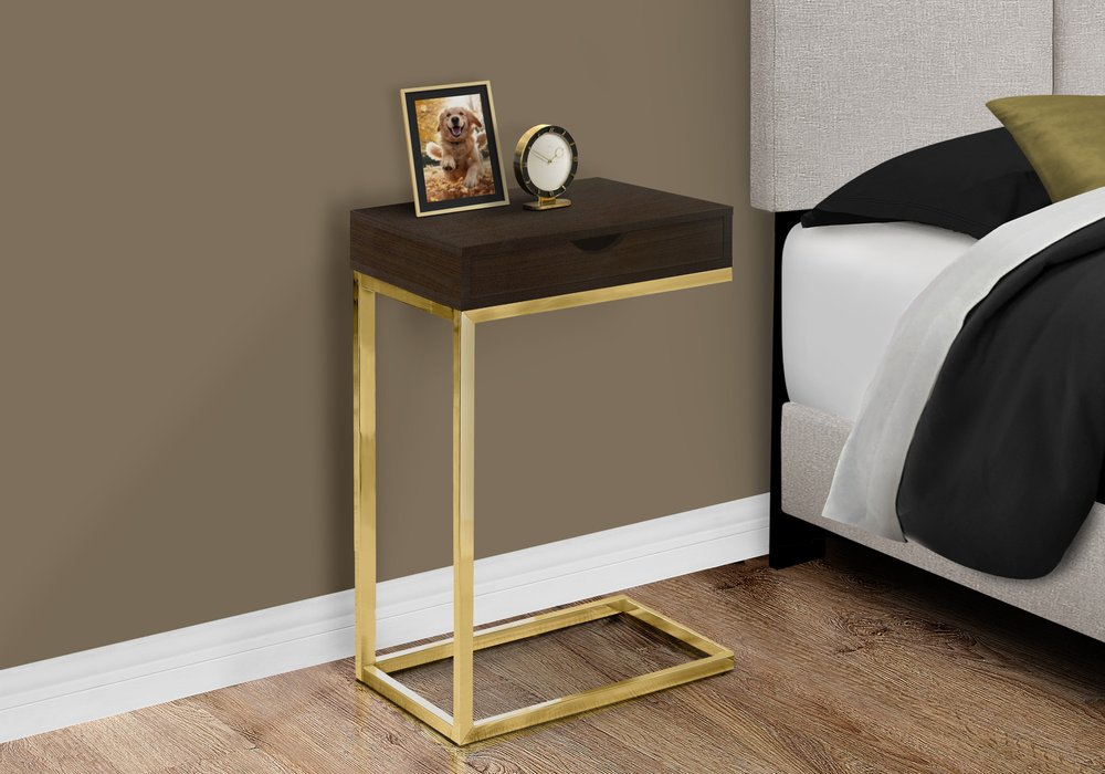 10.25" X 15.75" X 24.5" Brown Finish Drawer And Black Metal Accent Table