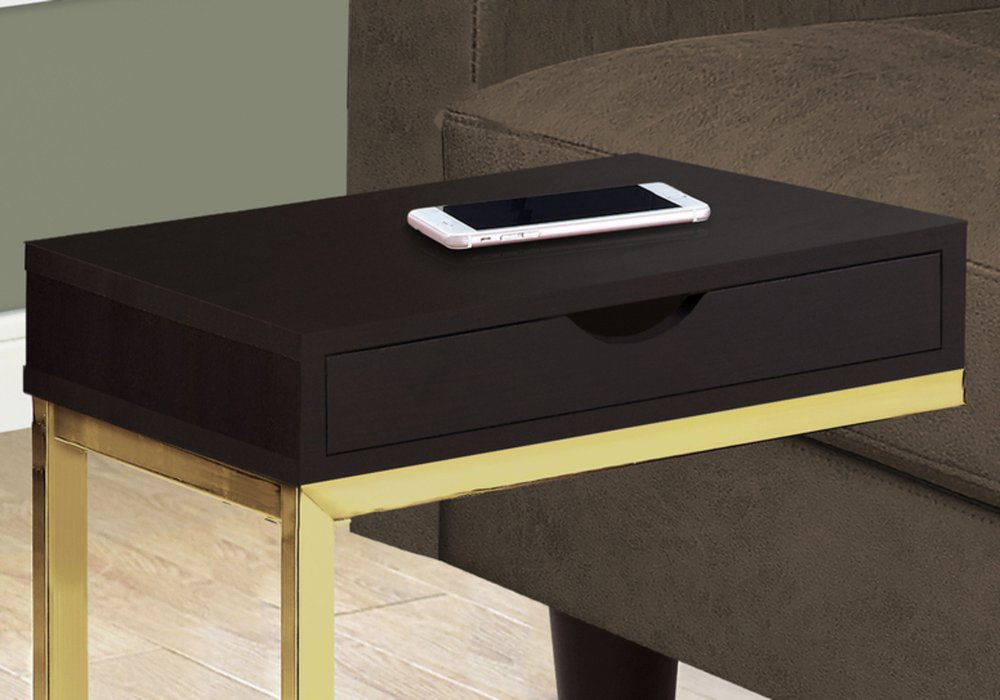 10.25" X 15.75" X 24.5" Brown Finish Drawer And Black Metal Accent Table