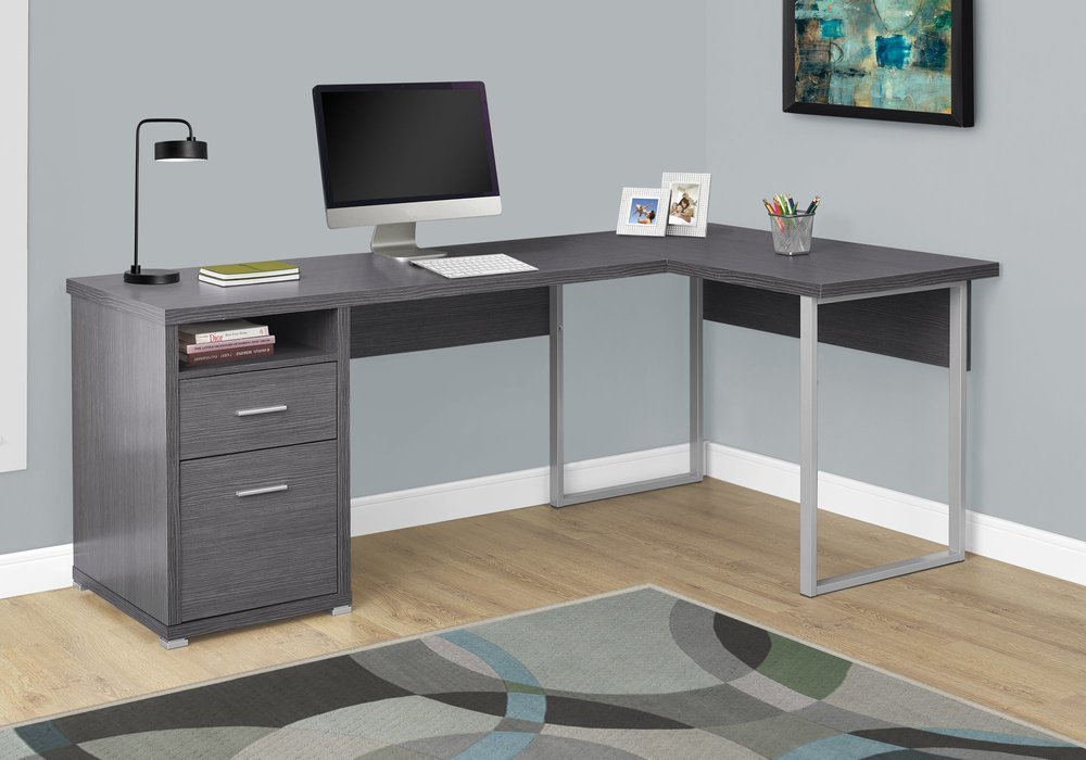79" Gray and Silver L Shape Computer Desk With Two Drawers