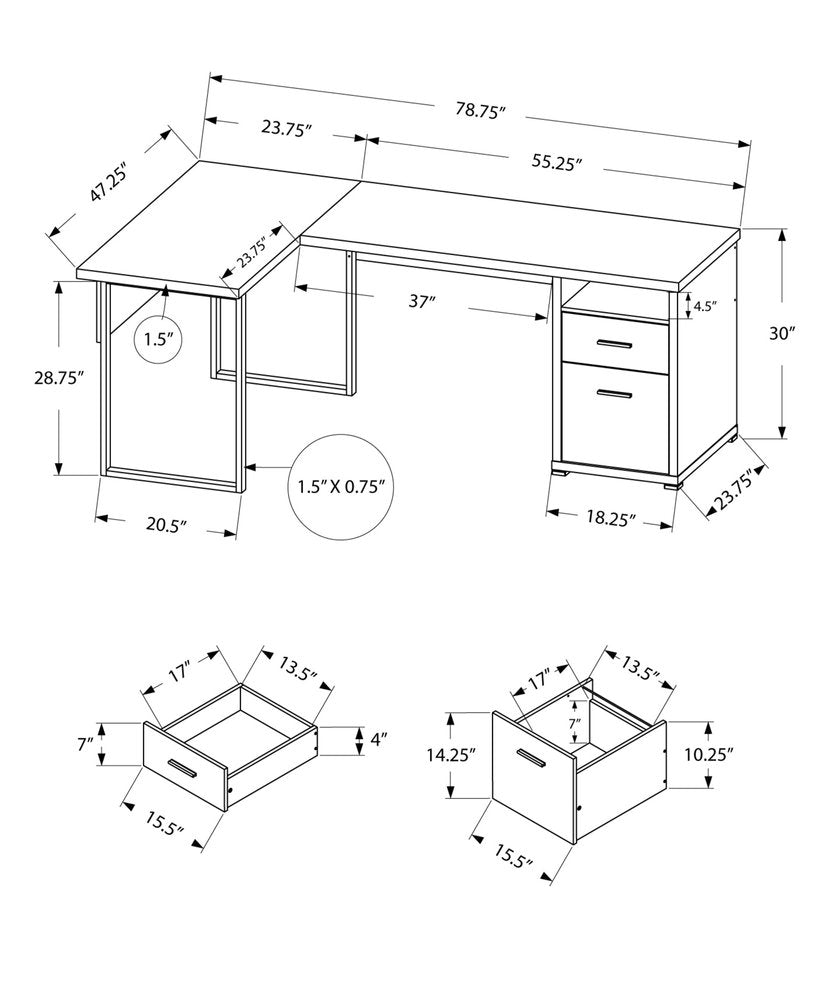 79" Gray and Silver L Shape Computer Desk With Two Drawers