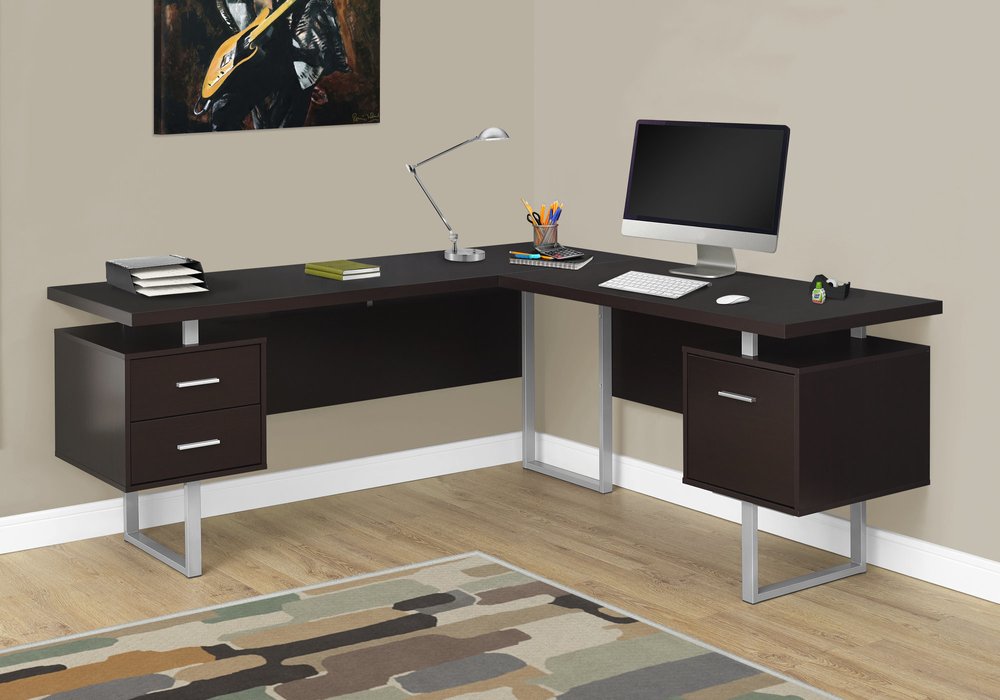 71" Brown and Silver L Shape Computer Desk With Three Drawers