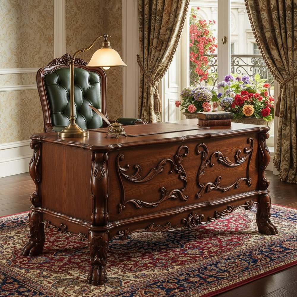 72" Brick Red Solid Manufactured Wood and Solid Wood Executive Desk With Five Drawers