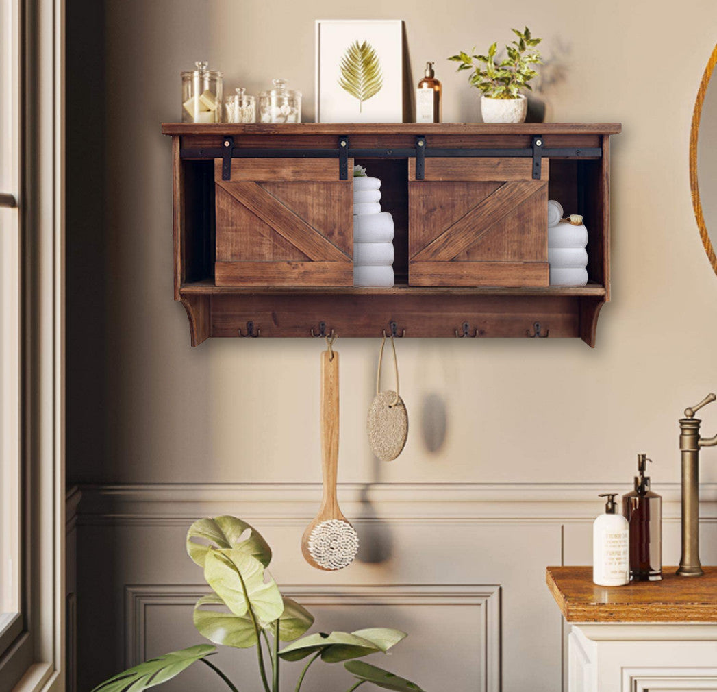 40" Brown Wood Five Hook Shelf With Barn Door Storage