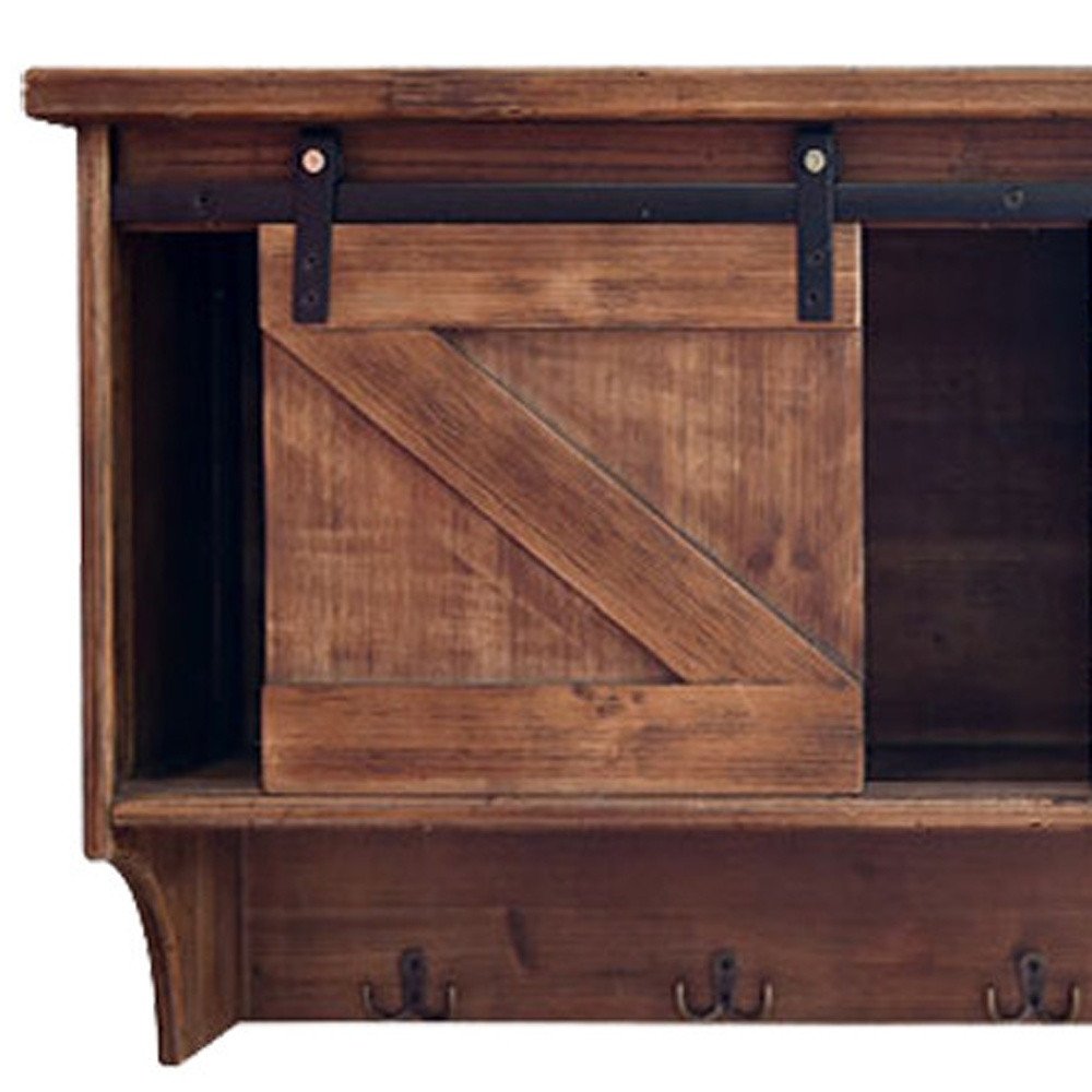 40" Brown Wood Five Hook Shelf With Barn Door Storage