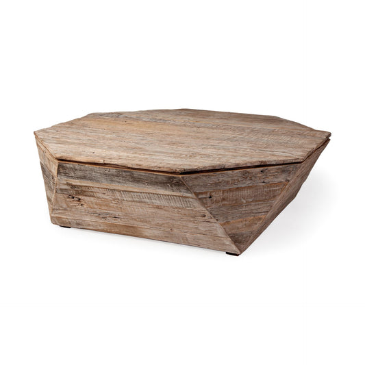 49" Natural Wood Octagon Distressed Lift Top Abstract Coffee Table