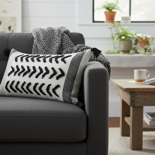 White And Gray Fringed Lumbar Pillow Cover