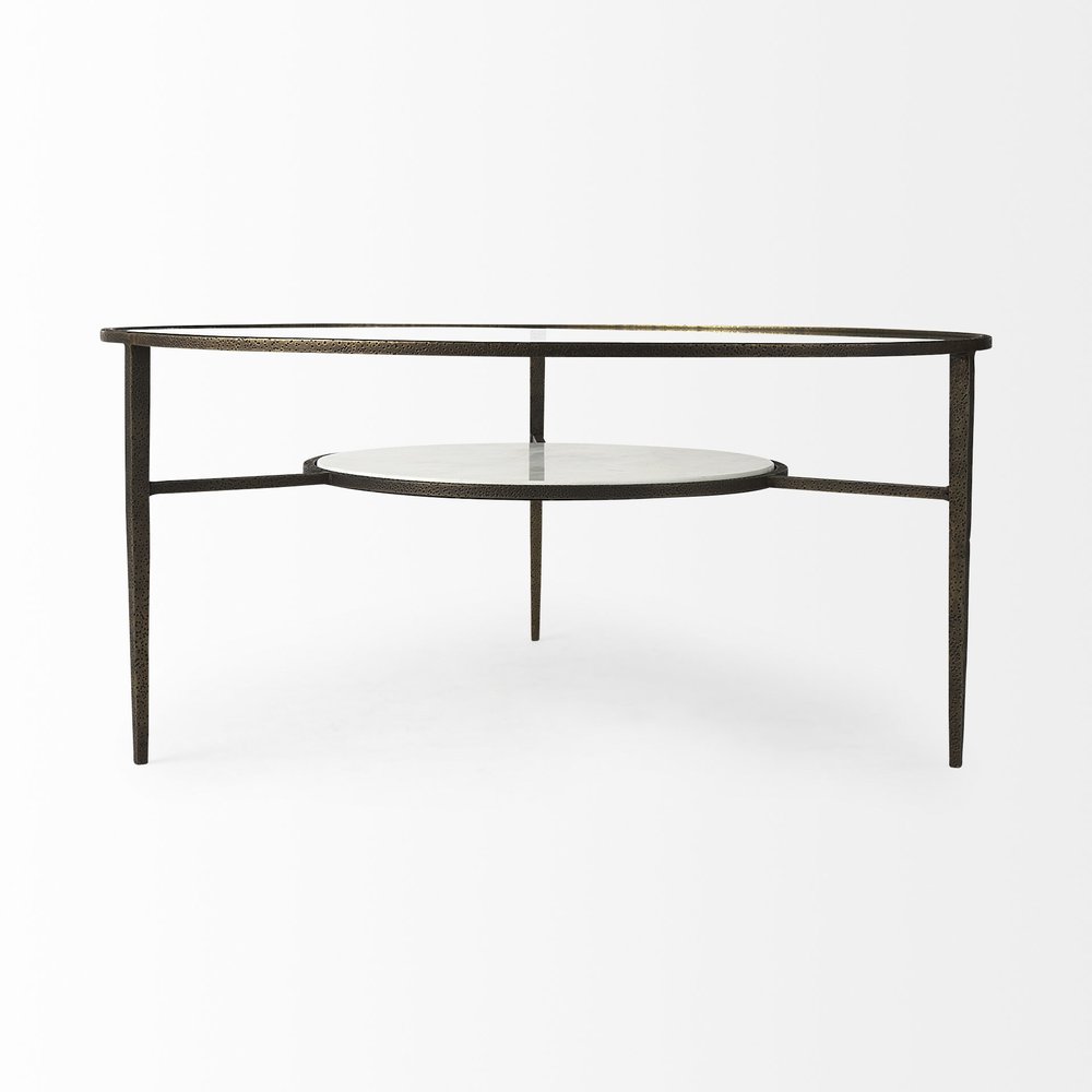 36" Clear and Bronze Glass and Metal Round Coffee Table With Shelf