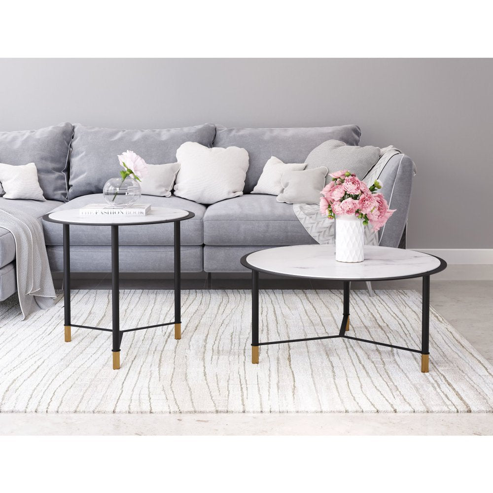 Set of Two White and Black Faux Marble And Glass And Steel Round Bunching Coffee Tables
