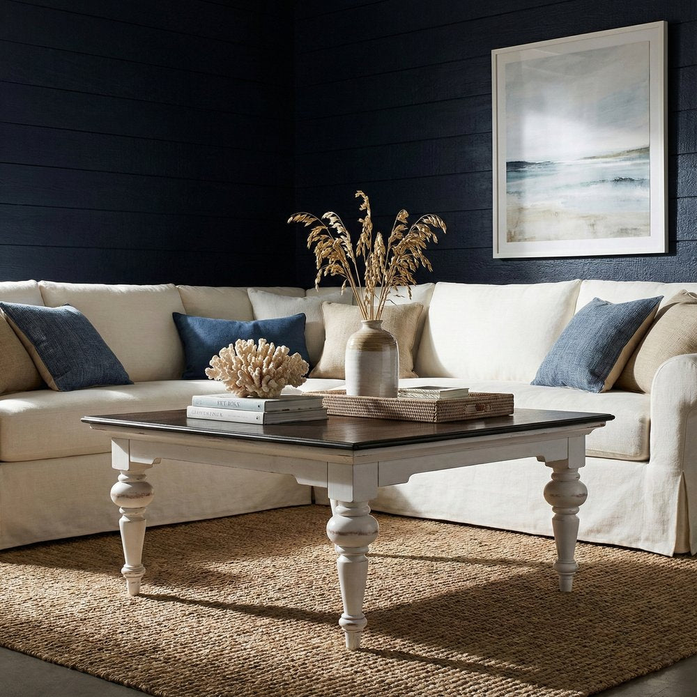 39" Brown and White Wood Square Distressed Coffee Table