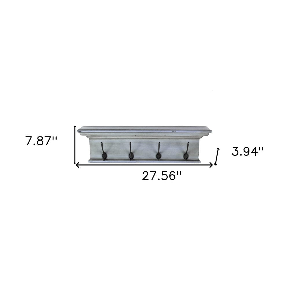 28" Black And Blue Solid Wood Four Hook Wall Mount Coat Rack