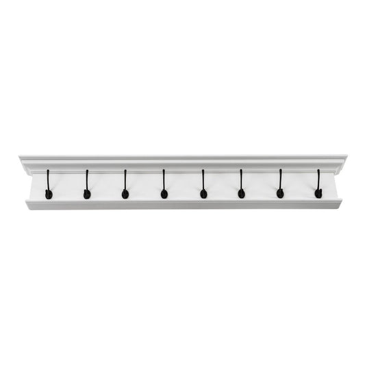 51" White Solid Wood Eight Hook Wall Mount Coat Rack