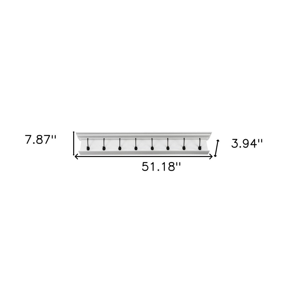 51" White Solid Wood Eight Hook Wall Mount Coat Rack